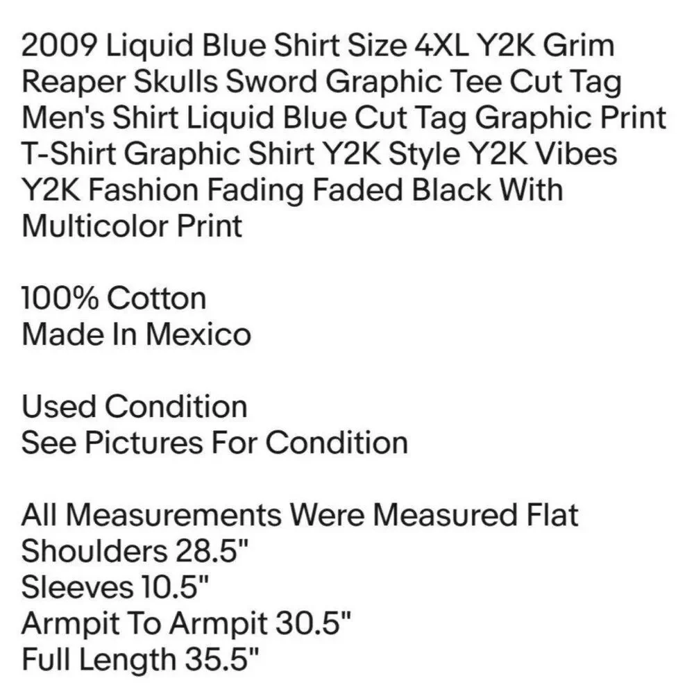 2009 Liquid Blue Shirt Size 4XL Y2K Grim Reaper Skulls Sword Graphic Tee Cut Tag